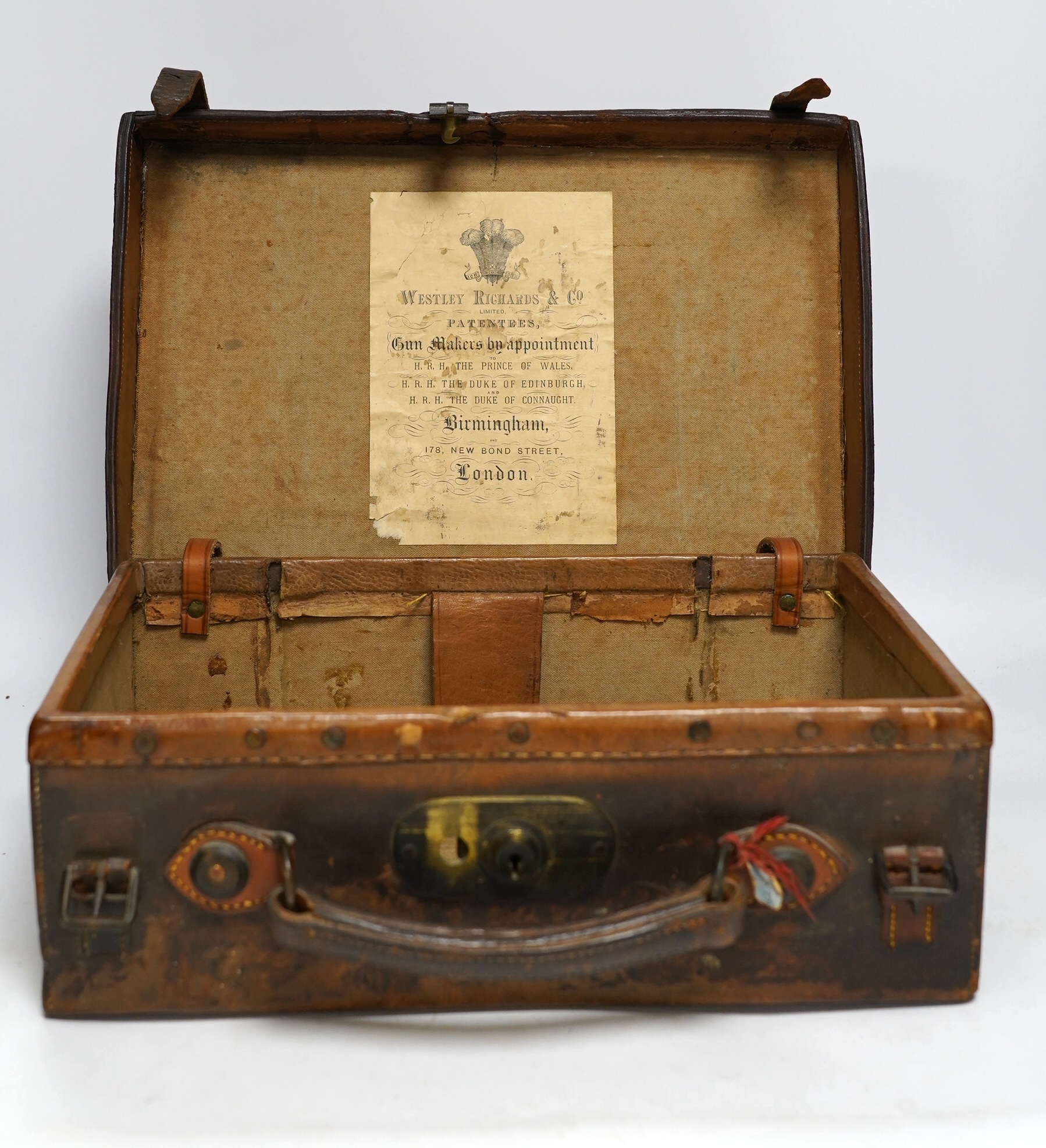 A Victorian Westley Richards & Co leather ammunition case, 38 x 26 x 13cm. Condition - fair